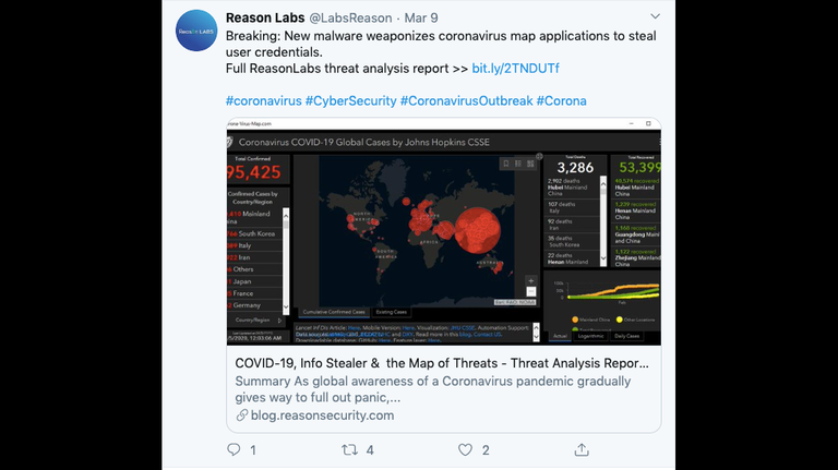 Screen Shot 2020-03-13 at 4.22.36 PM_fitted (1) Fake version of the real Johns Hopkins University tracking map that spreads malicious software, stealing personal information from your device. (https://www.miamiherald.com/news/nation-world/national/article241171546.html)